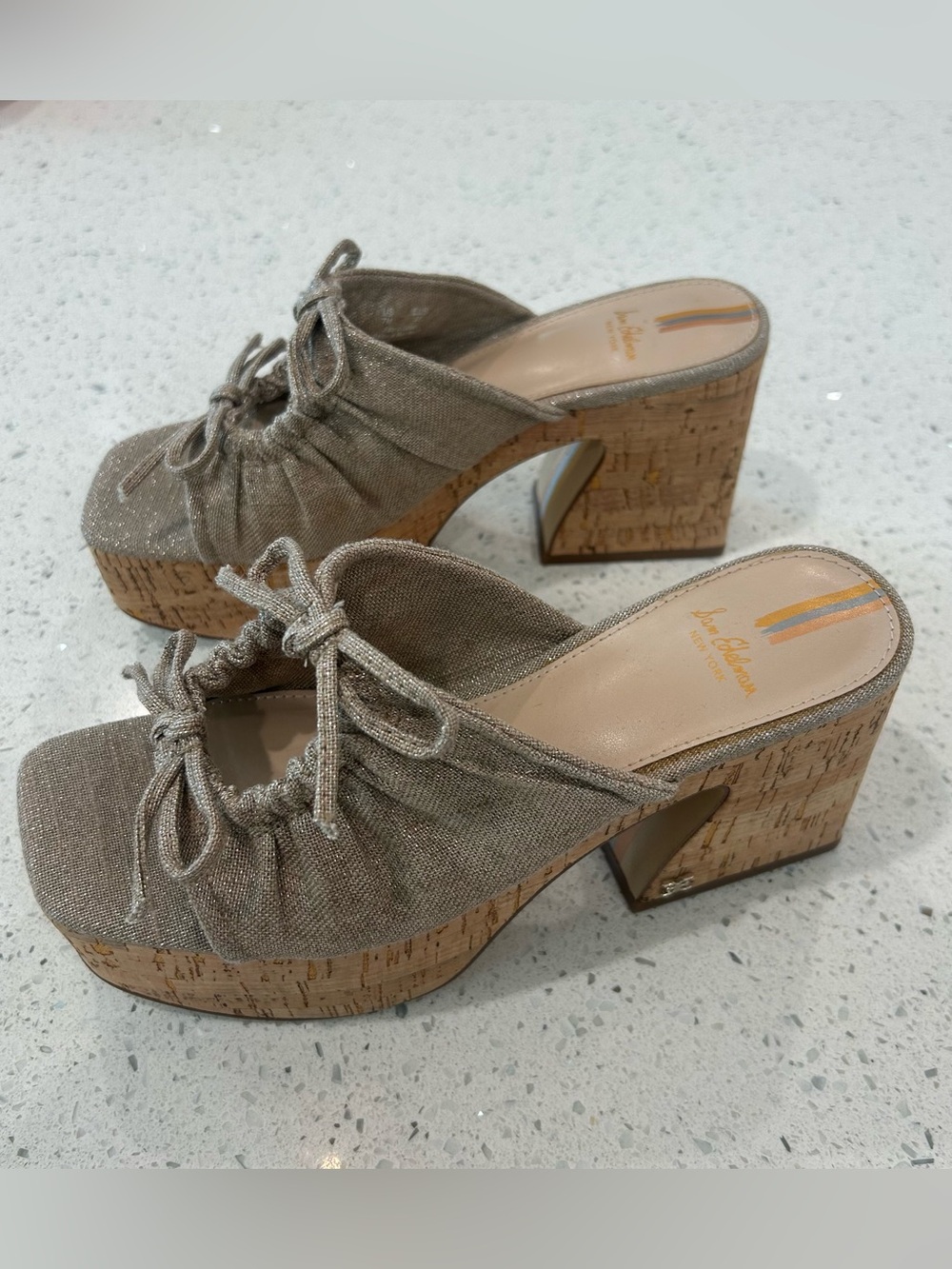 Sam Edelman Metallic Linen “Dova” Y2K Cork Platform Mules Bow Chunky Heel Heels